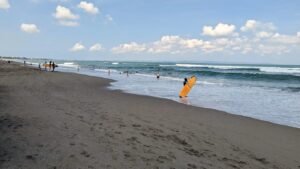 Surfing atmosphere in Canggu Bali with surfers riding waves at Batu Bolong Beach