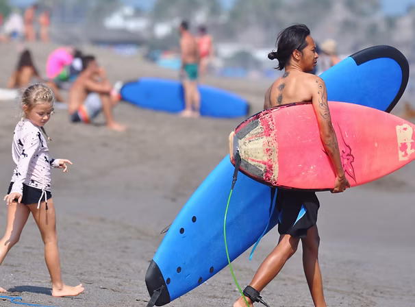Kids get ready to start surfing lessons at Batu Bolong Beach